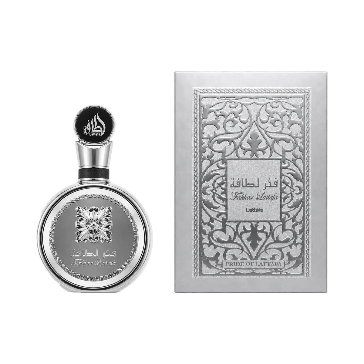 Frasco y caja de Fakhar Platin Lattafa Eau de Parfum Para Hombre