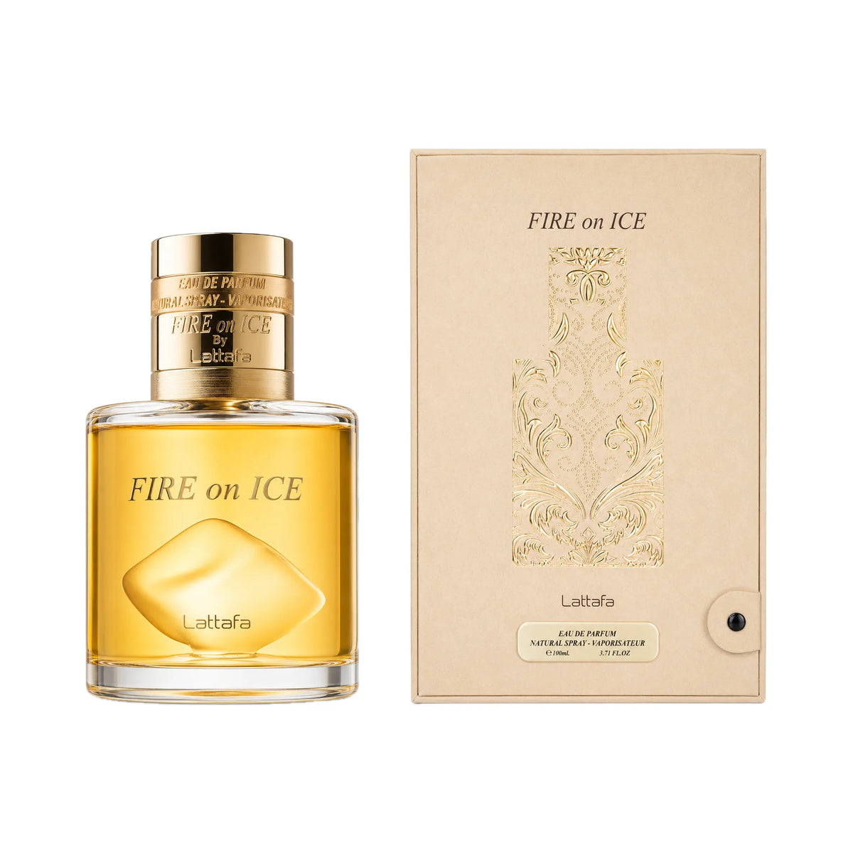 Frasco y caja de Fire On Ice Lattafa Eau de Parfum Unisex