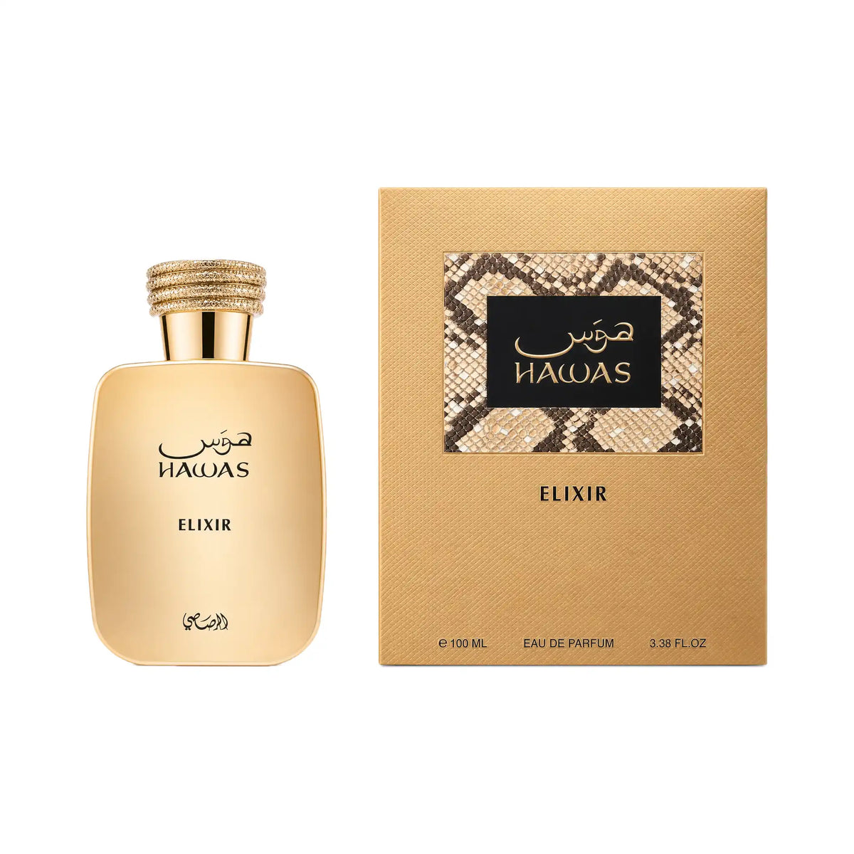 Frasco y caja de Hawas Elixir Rasasi Eau de Parfum Para Hombre