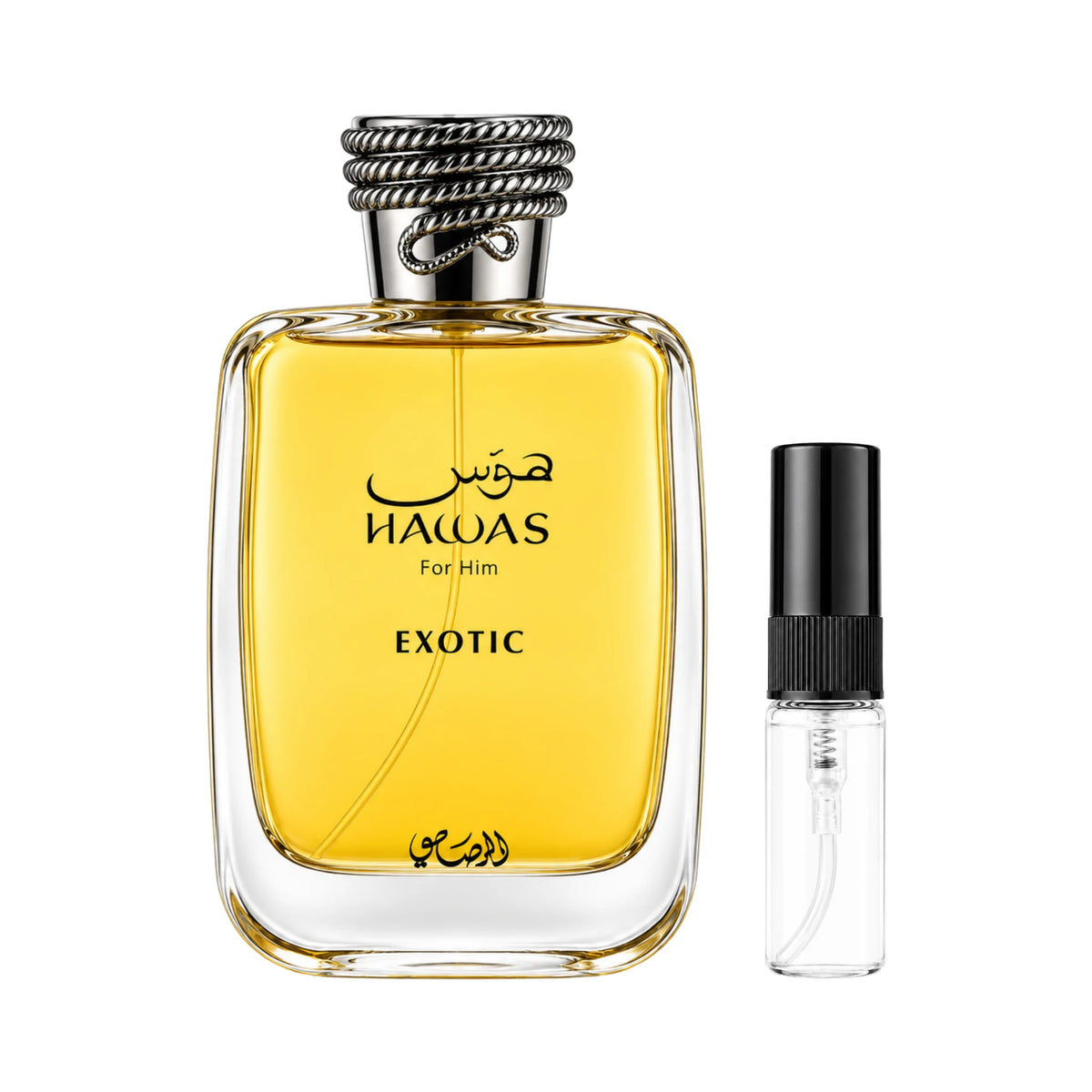 Frasco de Hawas Exotic Rasasi y muestra de 3 ml
