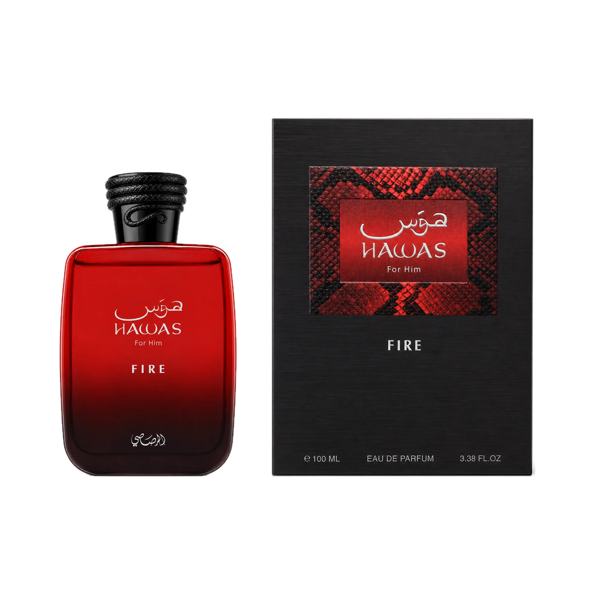 Frasco y caja de Hawas Fire Rasasi Eau de Parfum Para Hombre