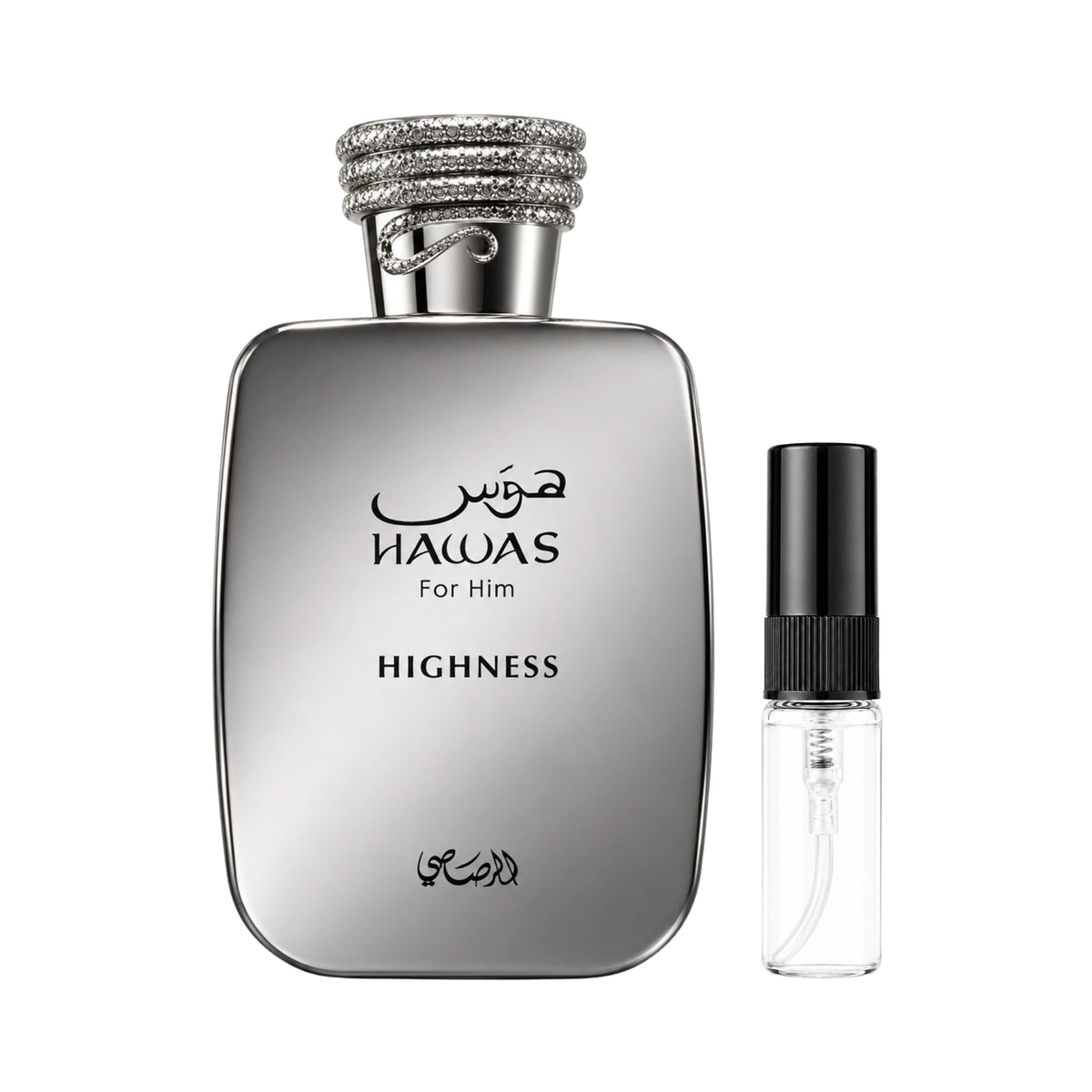 Frasco de Hawas Highness Rasasi y muestra de 3 ml