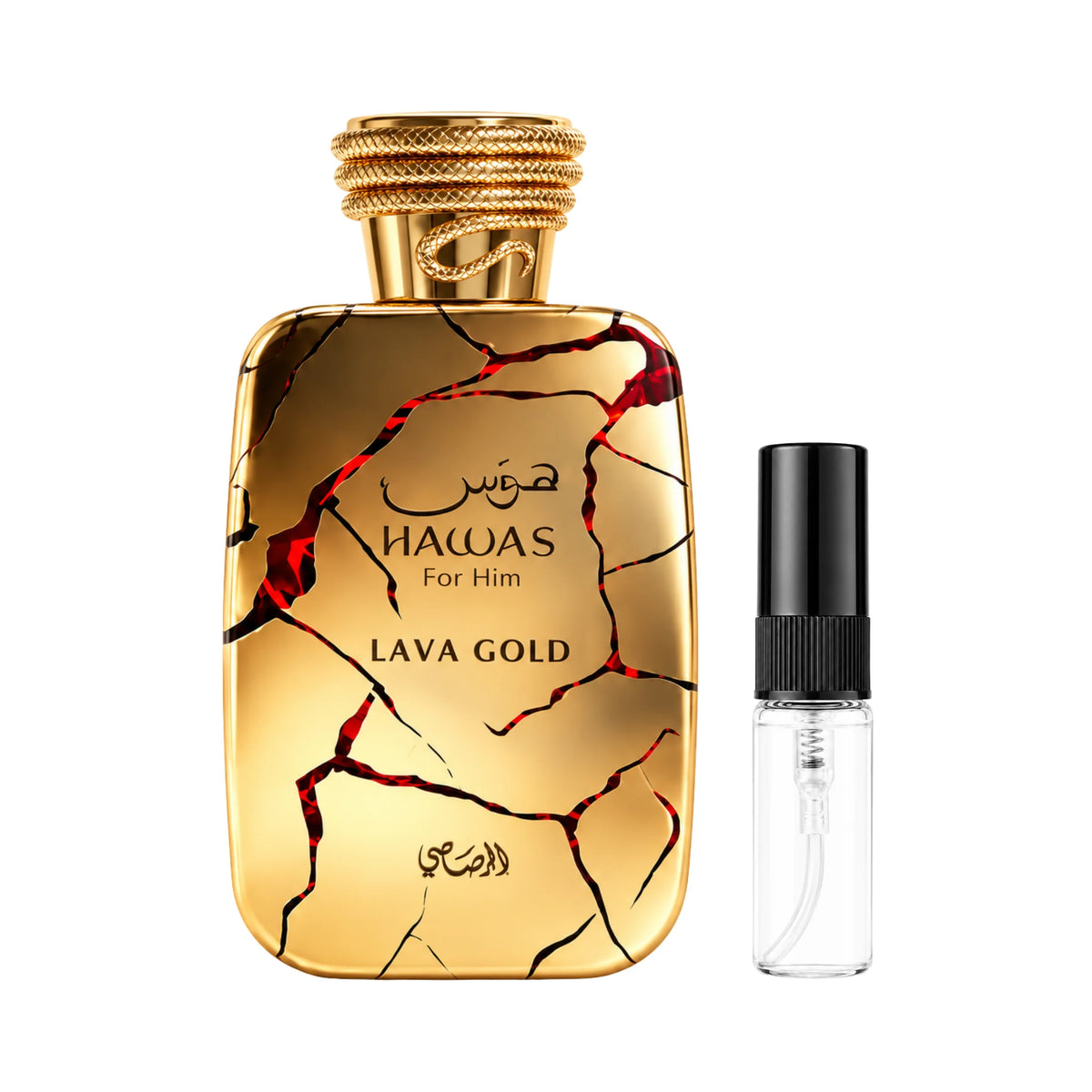 Frasco de Hawas Lava Gold Rasasi y muestra de 3 ml