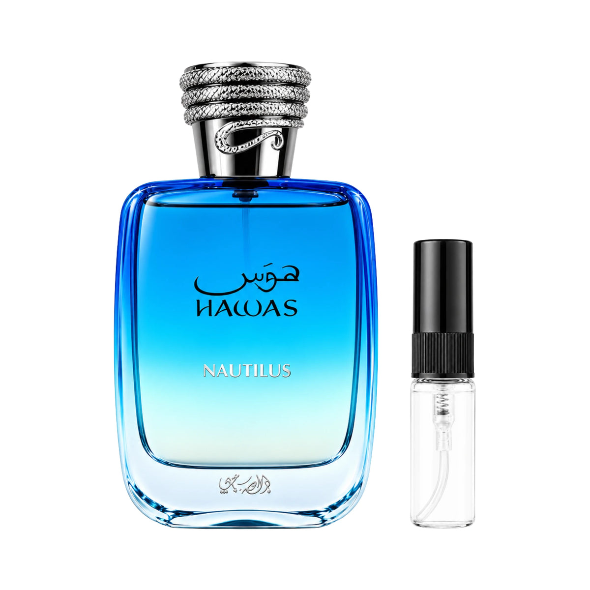Frasco de Hawas Nautilus Rasasi y muestra de 3 ml