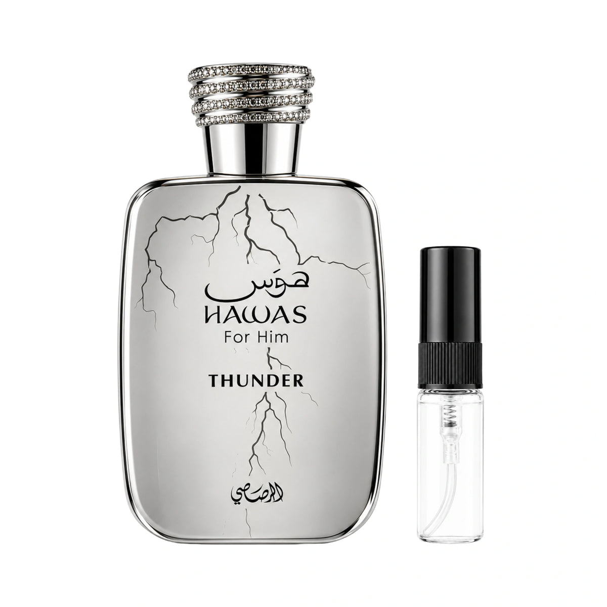 Frasco de Hawas Thunder Rasasi y muestra de 3 ml