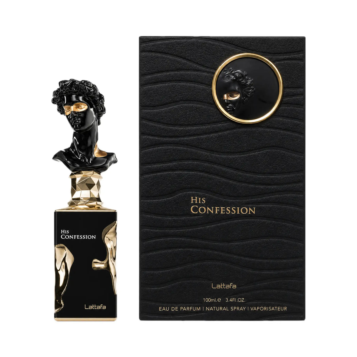 Frasco y caja de His Confession Lattafa Eau de Parfum Para Hombre
