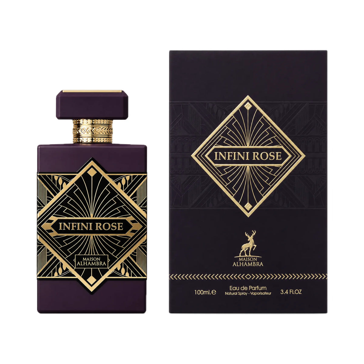 Frasco y caja de Infini Rose Maison Alhambra Eau de Parfum Para Mujer