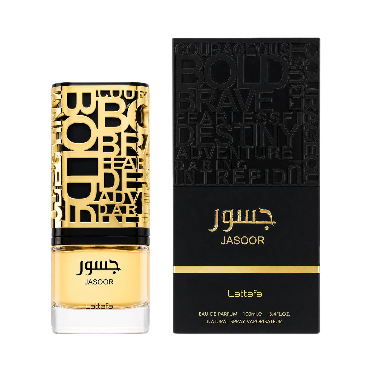 Frasco y caja de Jasoor Lattafa Eau de Parfum Para Hombre