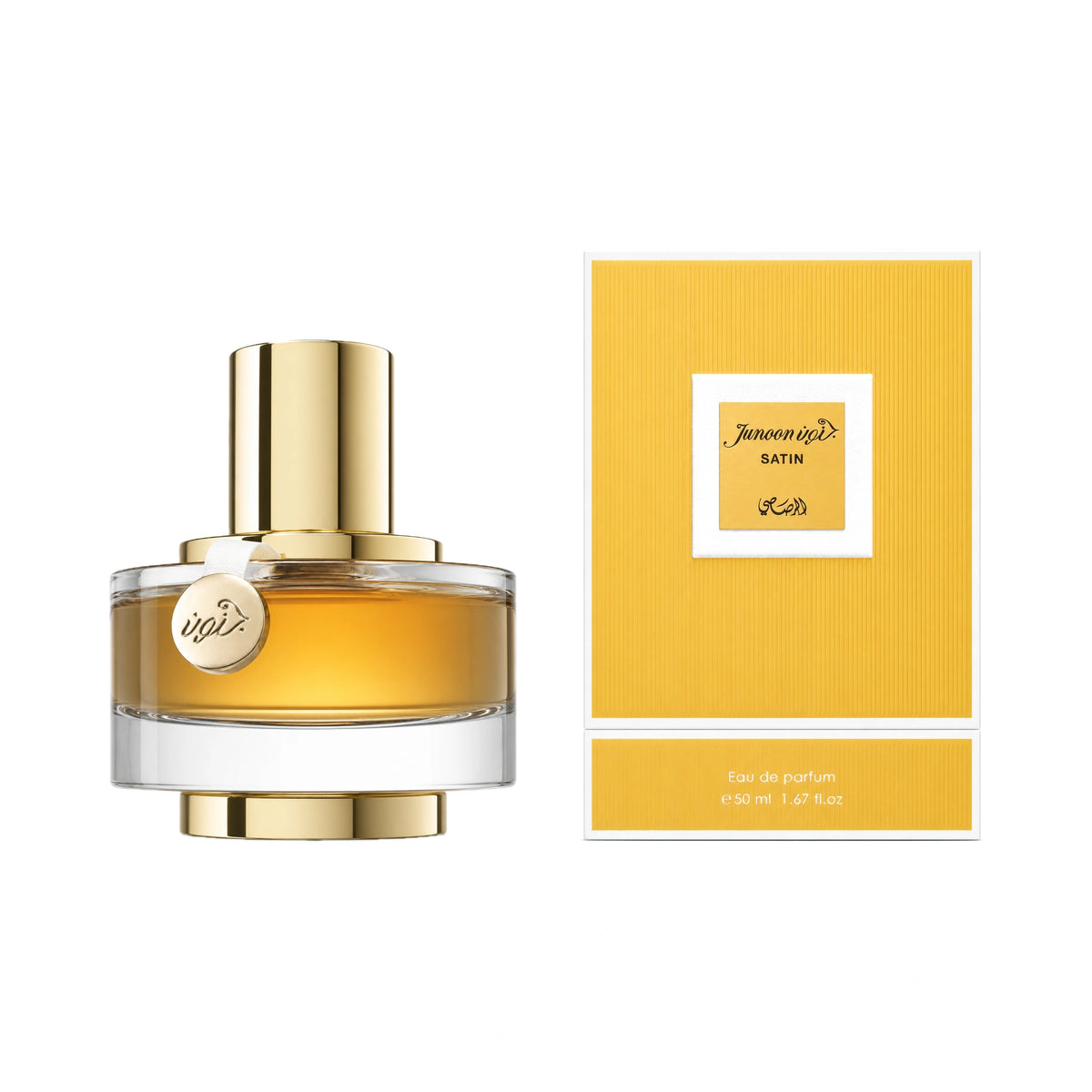 Frasco y caja de Junoon Satin Pour Femme Rasasi Eau de Parfum Para Mujer