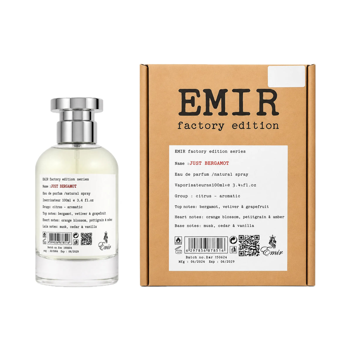 Frasco y caja de Just Bergamot Factory Edition Emir Eau de Parfum Unisex