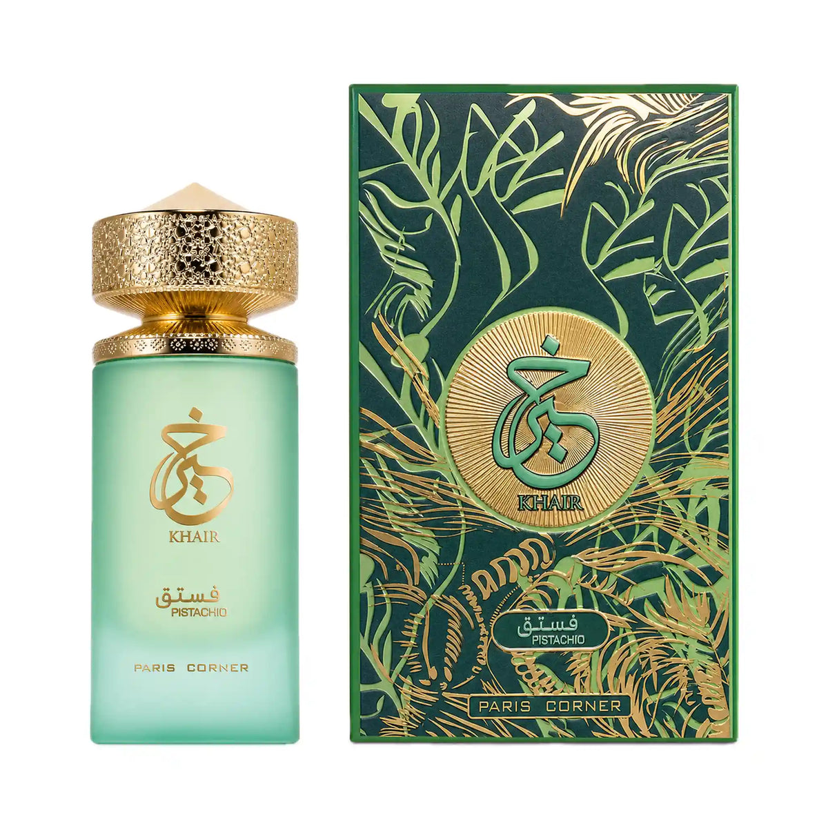 Frasco y caja de Khair Pistachio Paris Corner Eau de Parfum Unisex