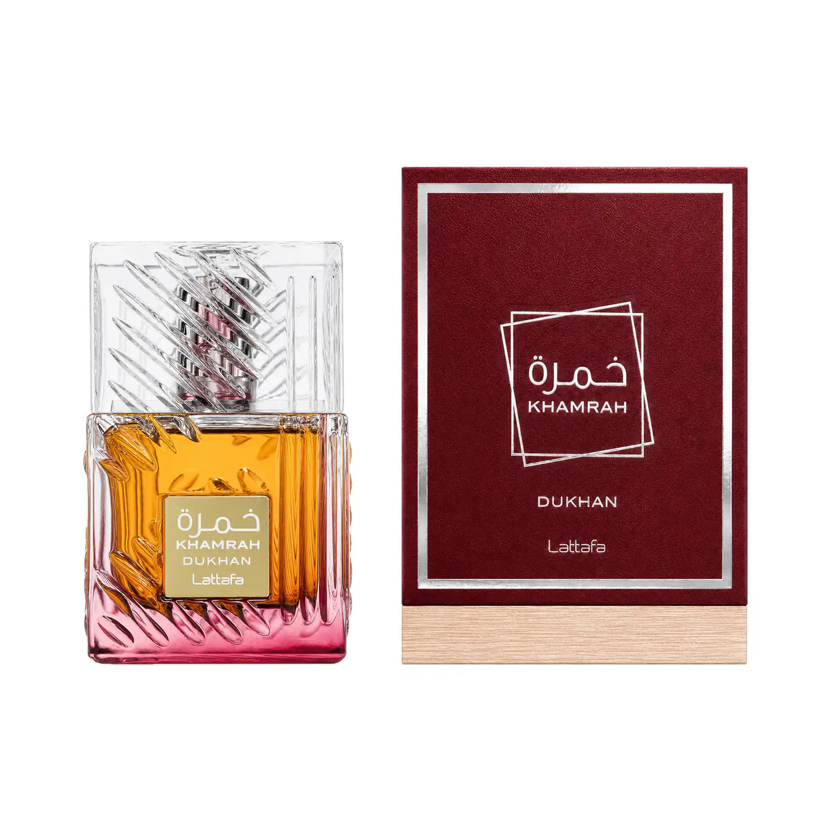 Frasco y caja de Khamrah Dukhan Lattafa Eau de Parfum Para Hombre