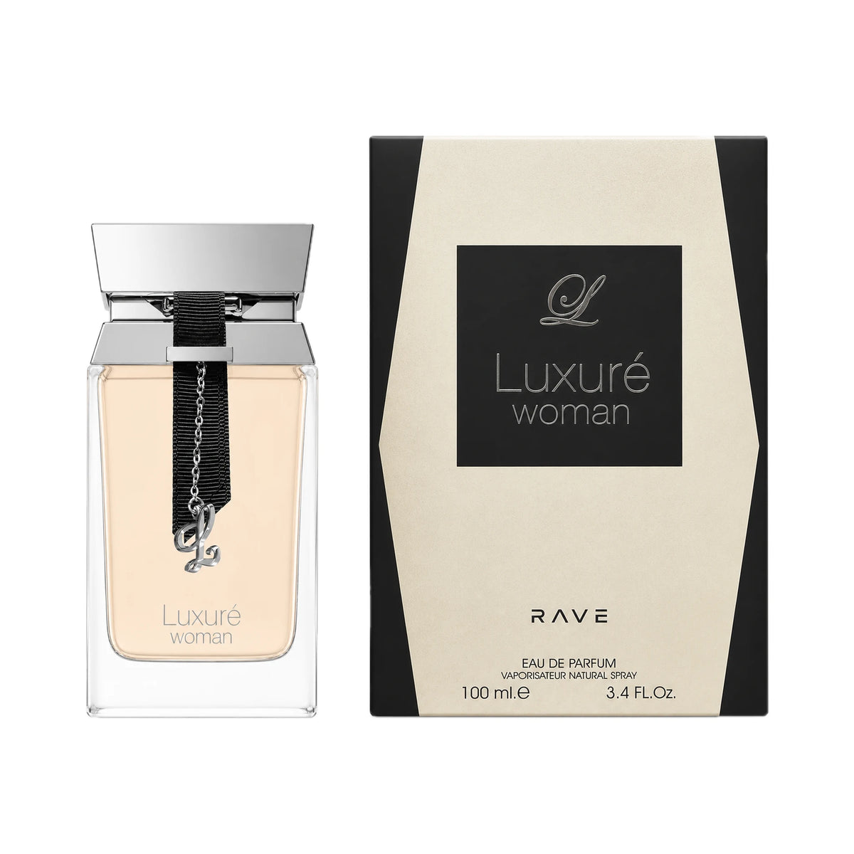 Frasco y caja de Luxure Woman Rave Eau de Parfum Para Mujer