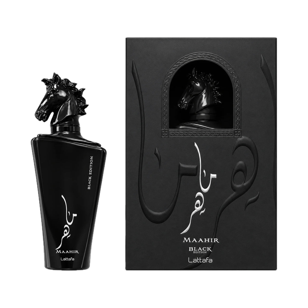 Frasco y caja de Maahir Black Edition Lattafa Eau de Parfum Unisex