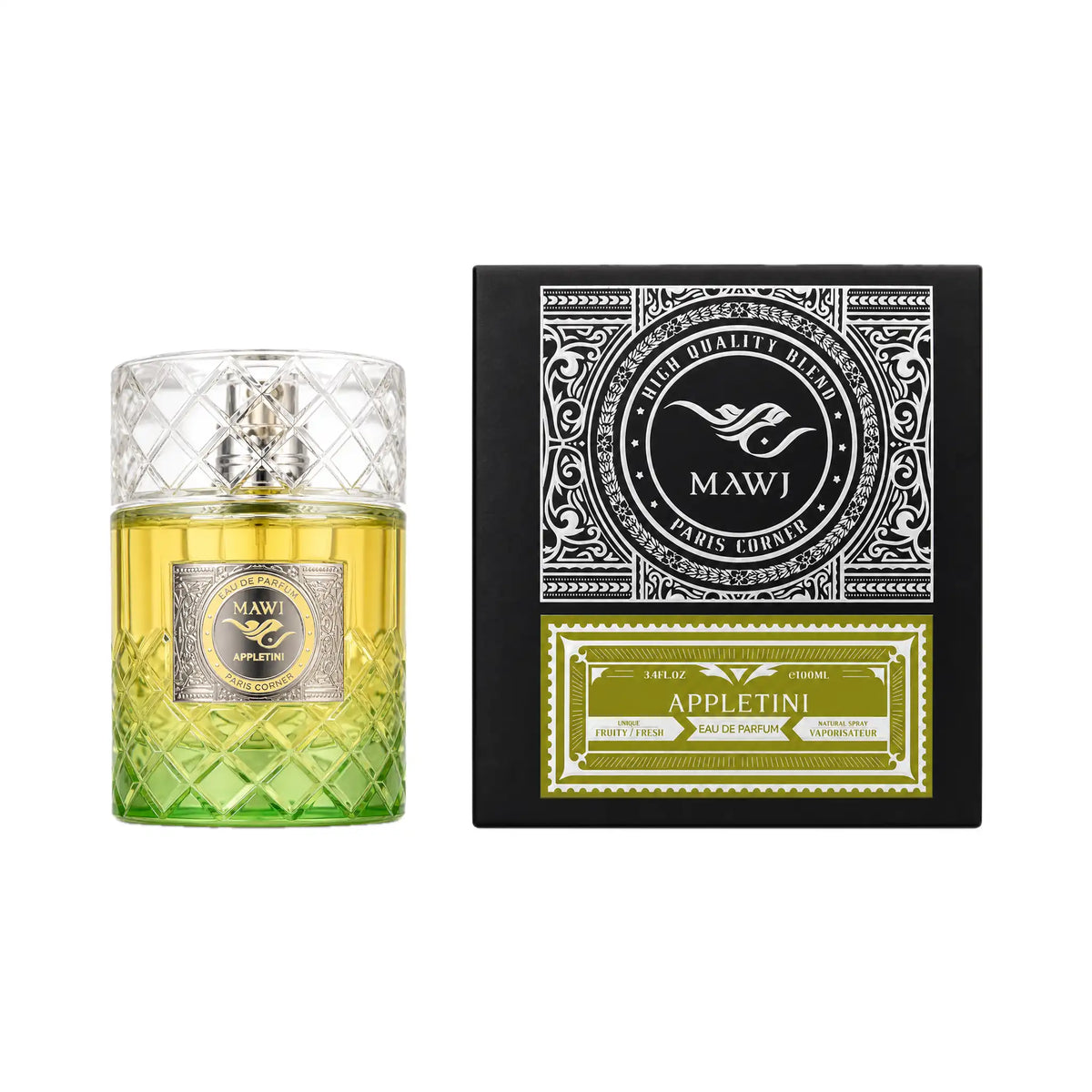 Frasco y caja de Mawj Appletini Paris Corner Eau de Parfum Unisex