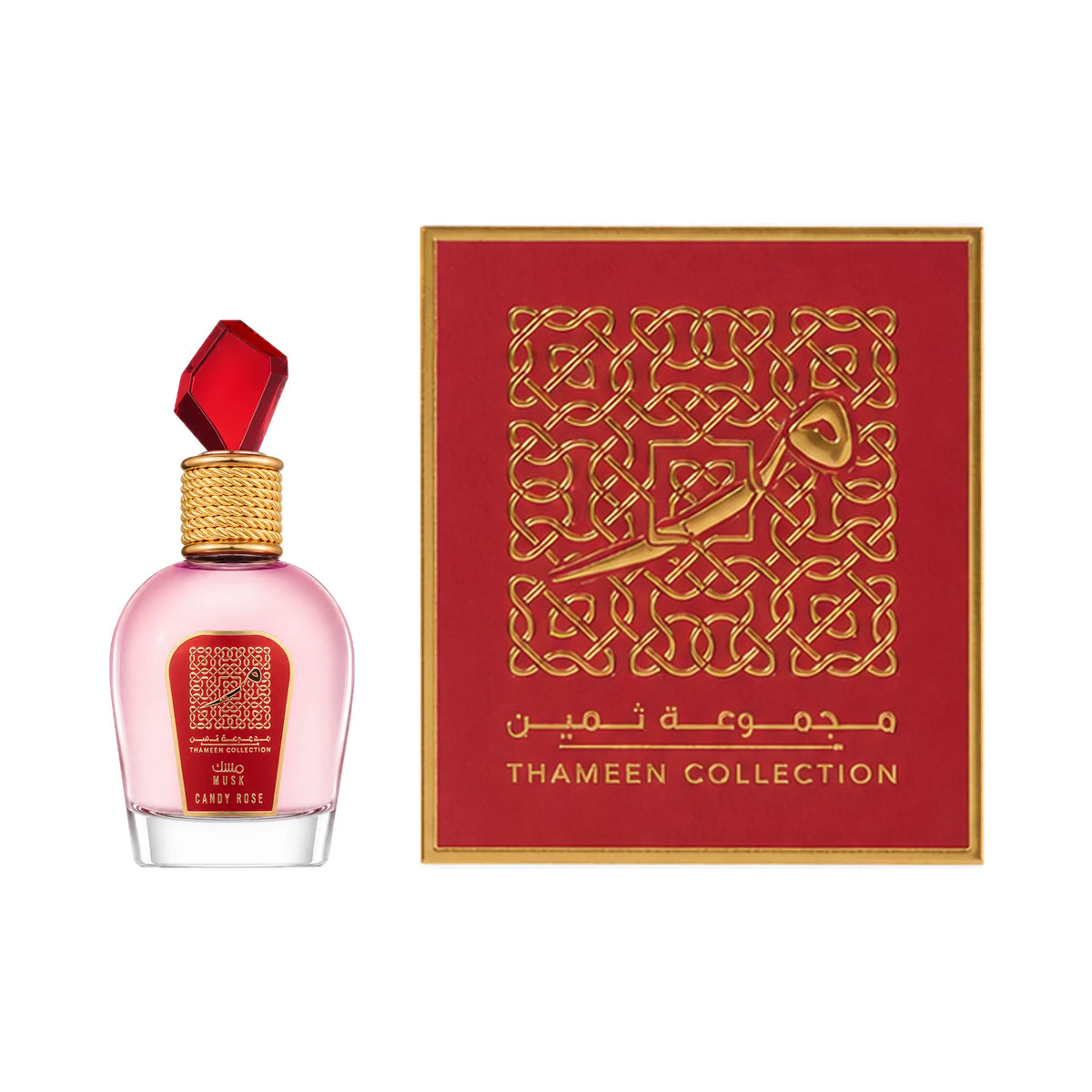 Frasco y caja de Musk Candy Rose Lattafa Eau de Parfum Para Mujer