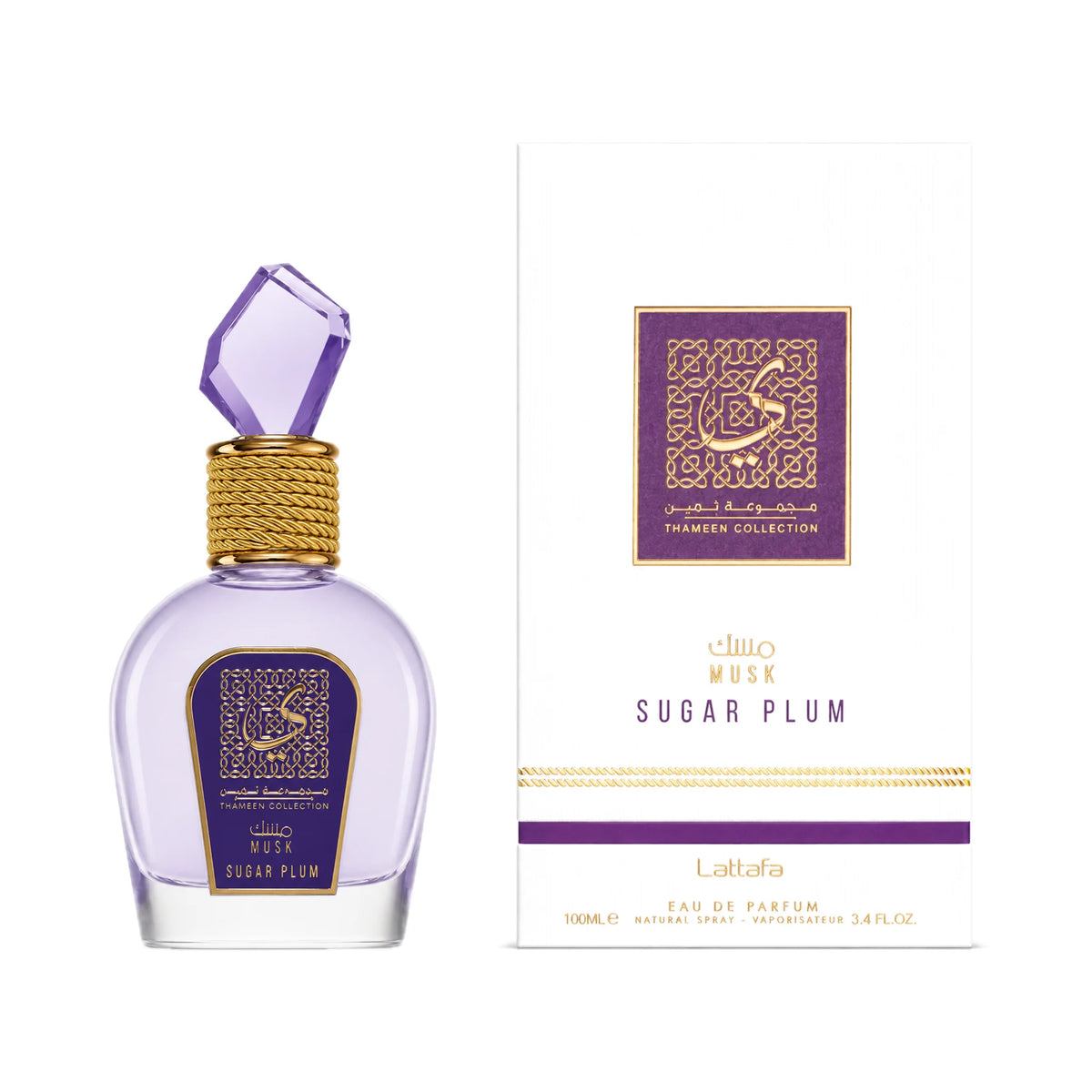 Frasco y caja de Musk Sugar Plum Lattafa Eau de Parfum Para Mujer