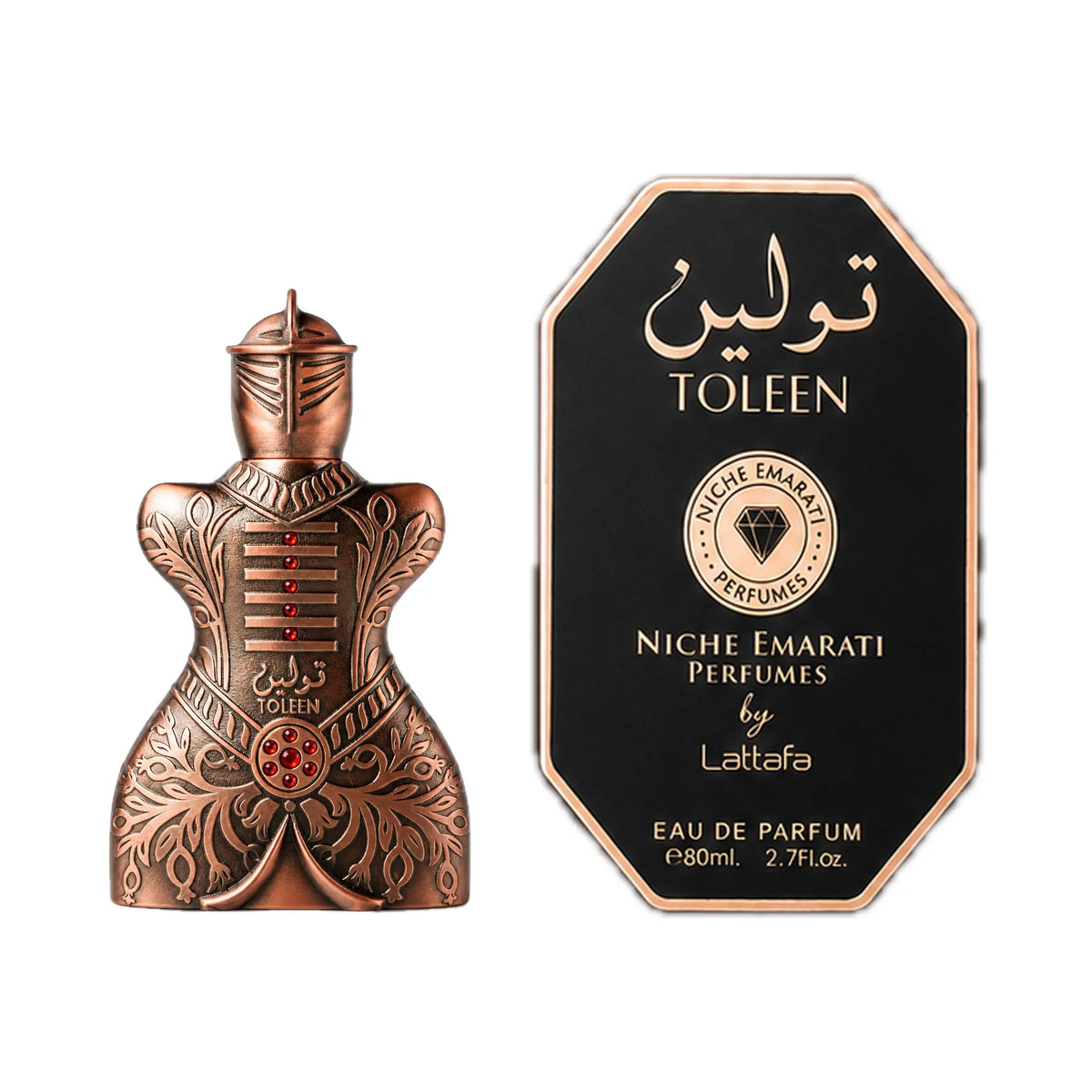 Frasco y caja de Niche Emarati Toleen Lattafa Eau de Parfum Unisex
