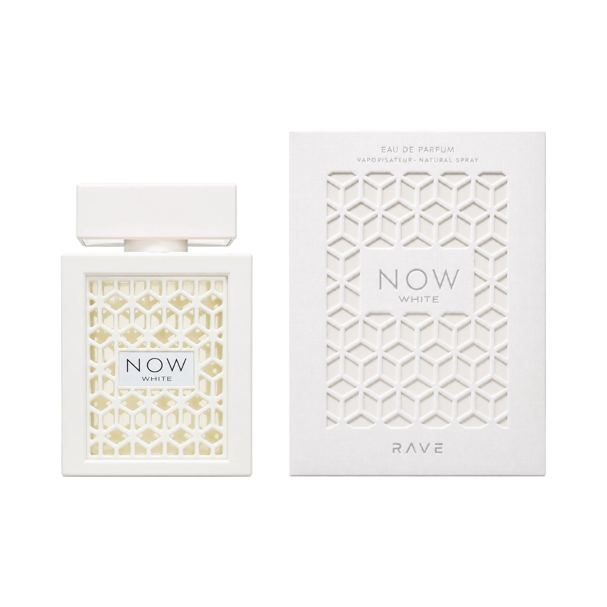 Frasco y caja de Now White Rave Eau de Parfum Unisex