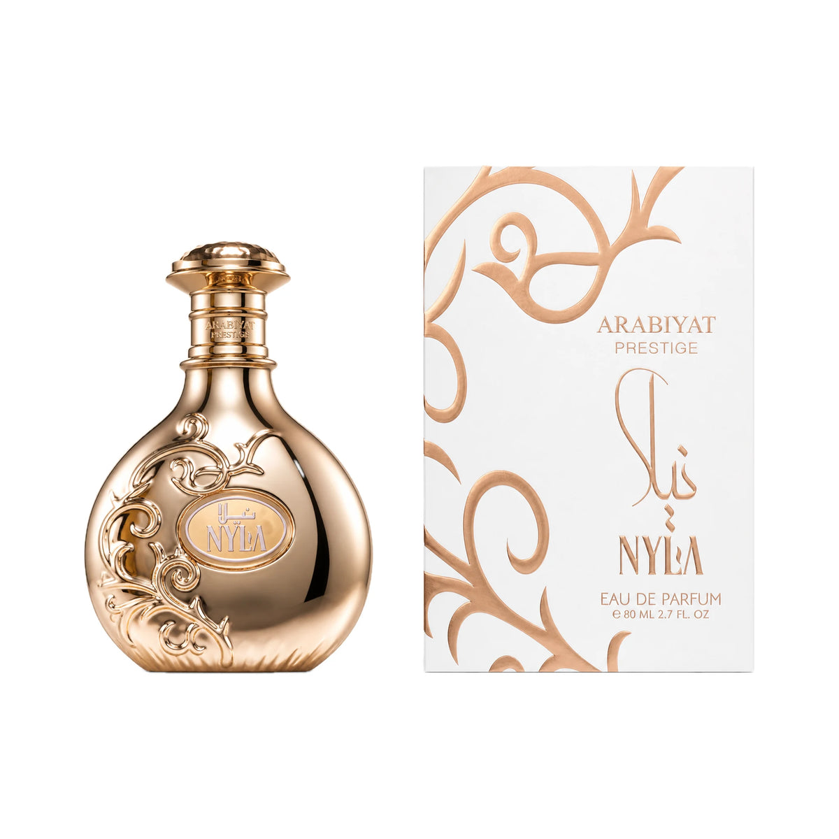 Frasco y caja de Nyla Arabiyat Prestige Eau de Parfum Para Mujer
