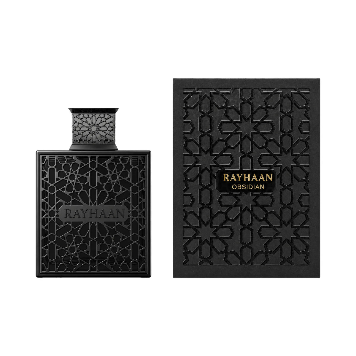Frasco y caja de Obsidian Rayhaan Eau de Parfum Para Hombre