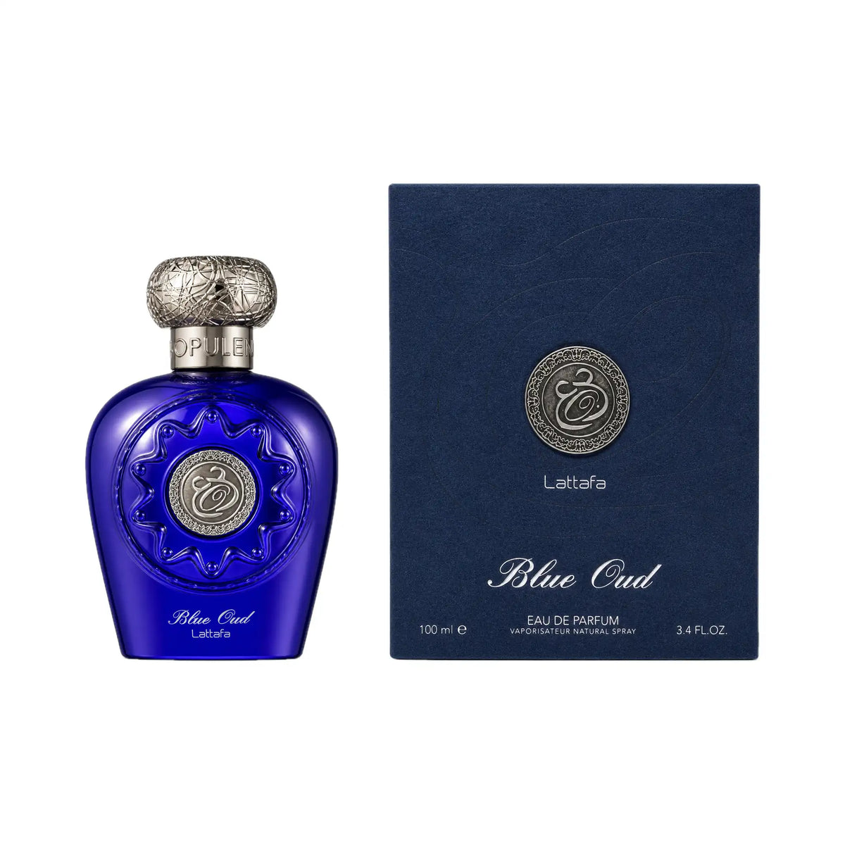 Frasco y caja del perfume Opulent Blue Oud Lattafa Eau de Parfum Unisex