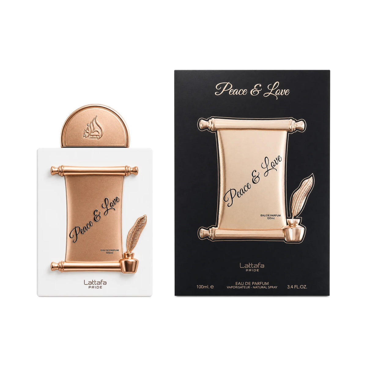 Frasco y caja del perfume Peace & Love Lattafa Eau de Parfum Unisex