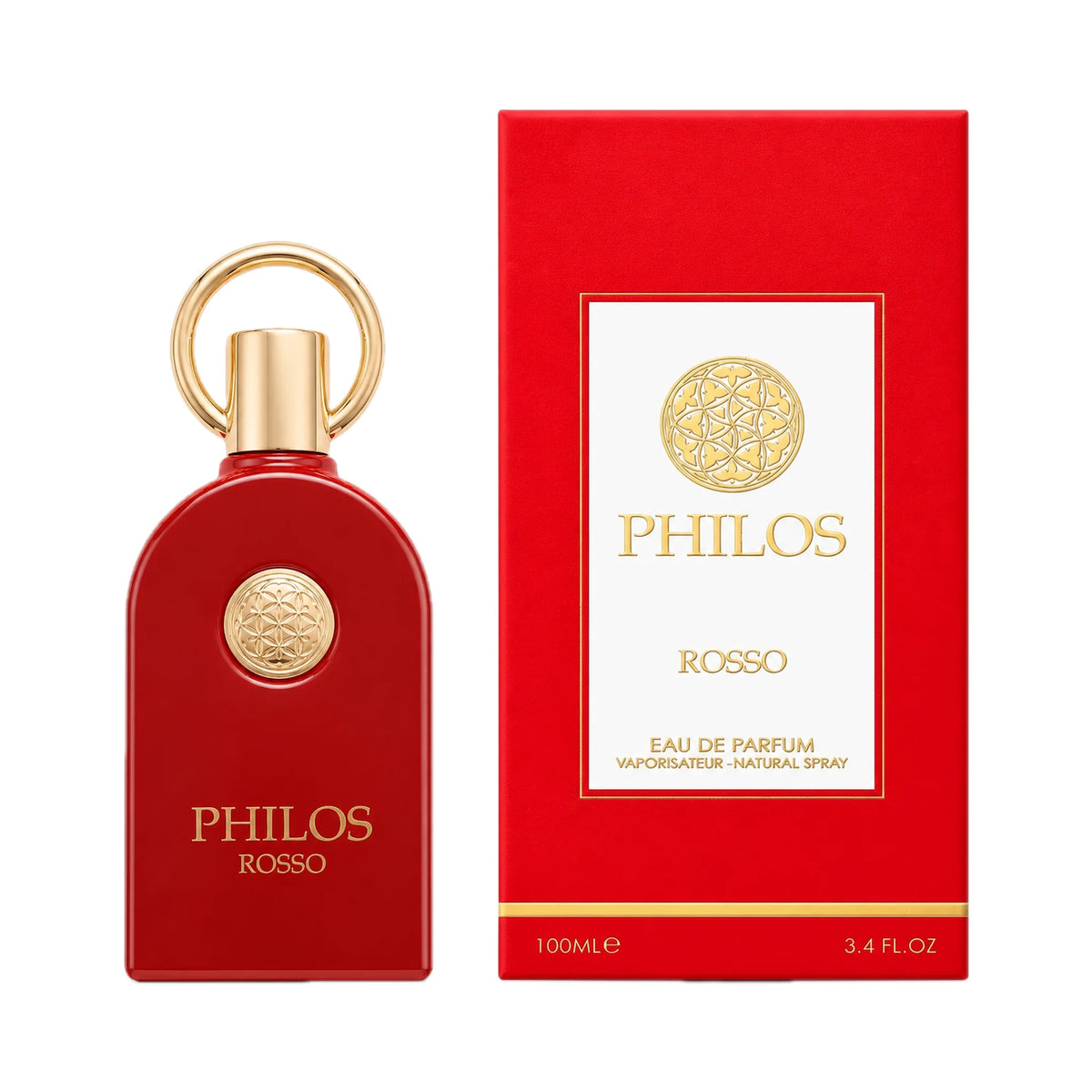Frasco y caja del perfume Philos Rosso Maison Alhambra Eau de Parfum Unisex