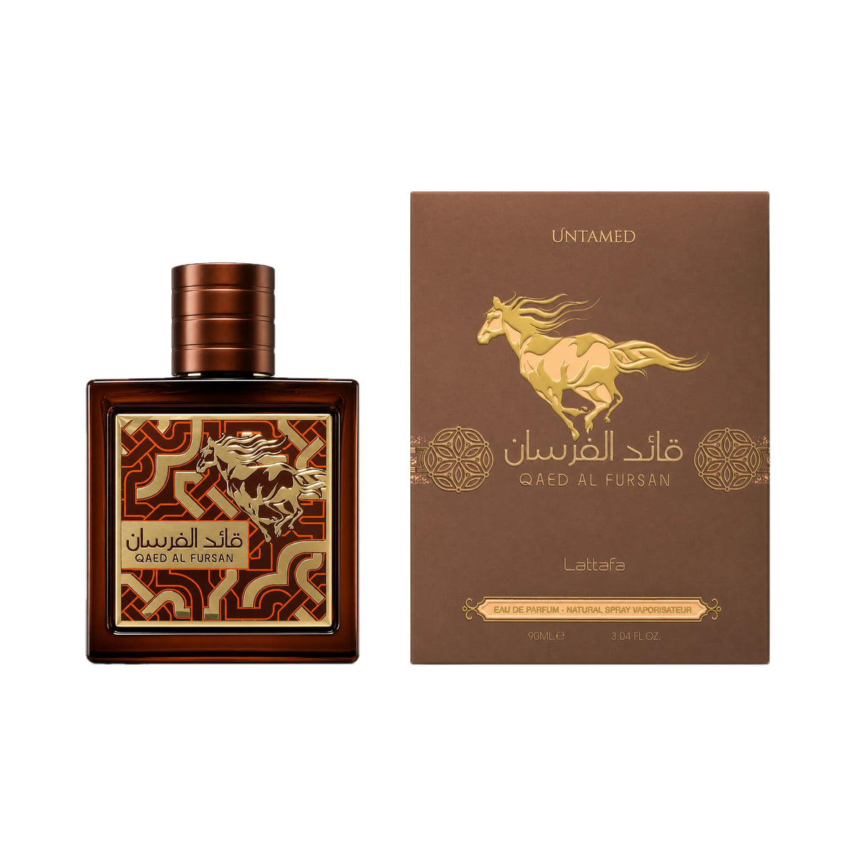 Frasco y caja del perfume Qaed Al Fursan Untamed Lattafa Eau de Parfum Para Hombre