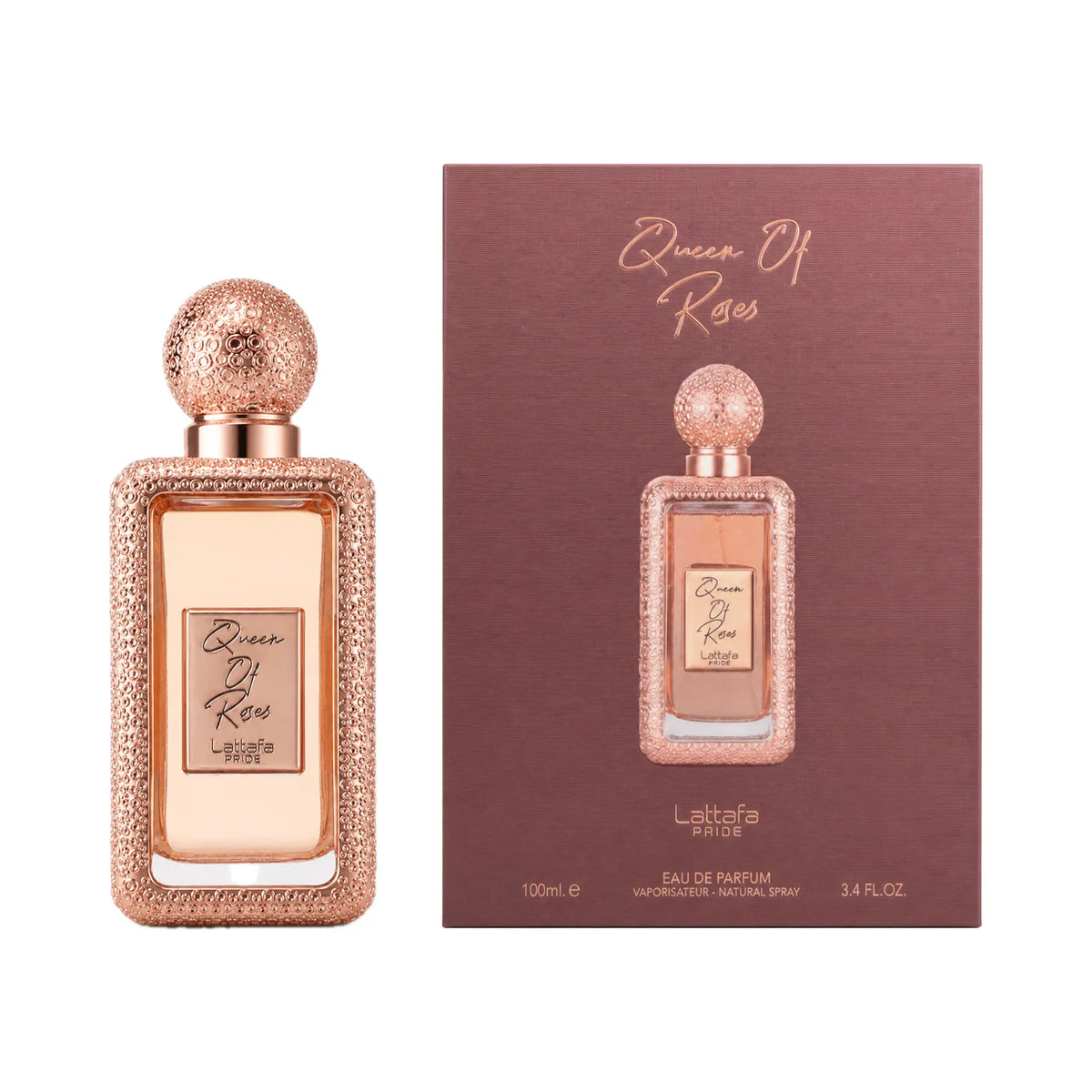 Frasco y caja del perfume Queen of Roses Lattafa Eau de Parfum Para Mujer