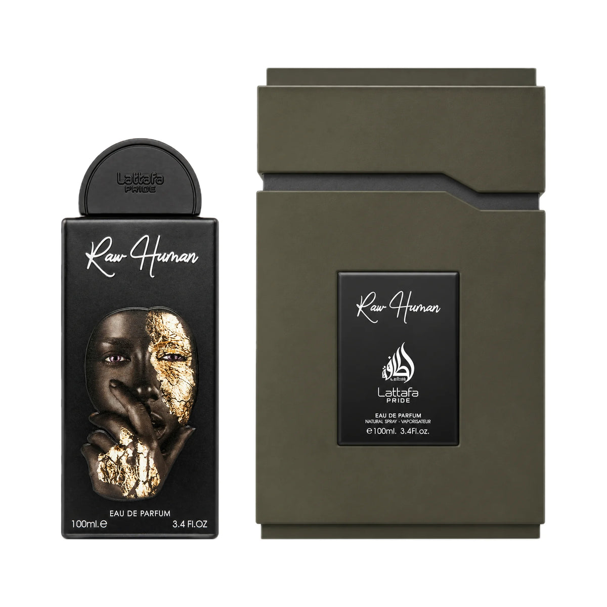 Frasco y caja del perfume Raw Human Lattafa Eau de Parfum Unisex