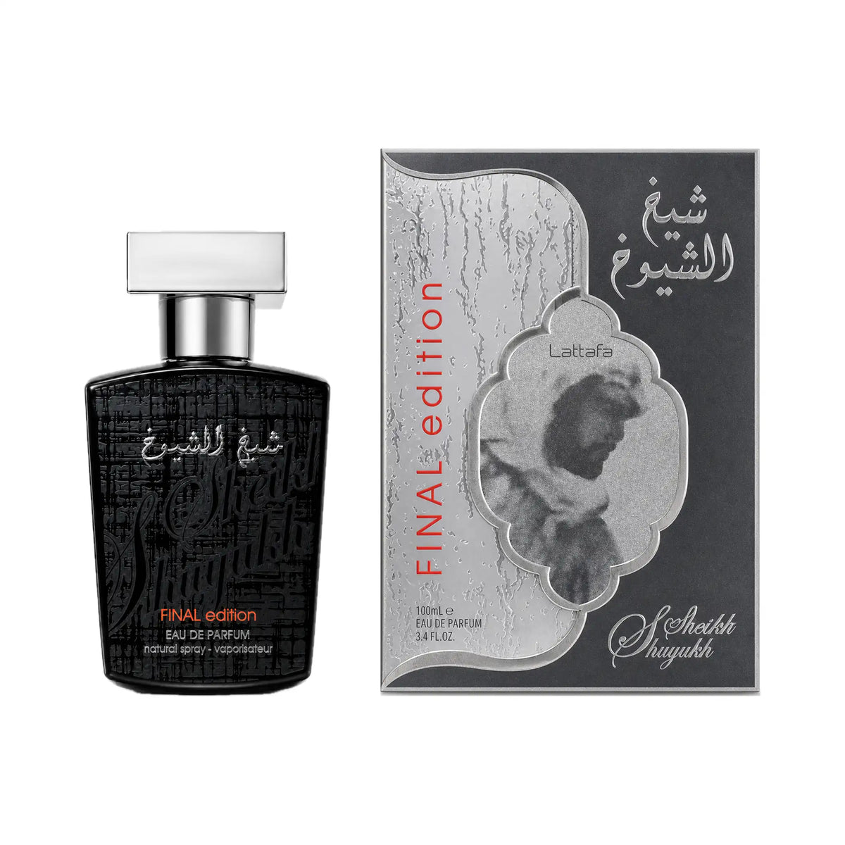 Frasco y caja del perfume Sheikh Shuyukh Final Edition Lattafa Eau de Parfum Para Hombre