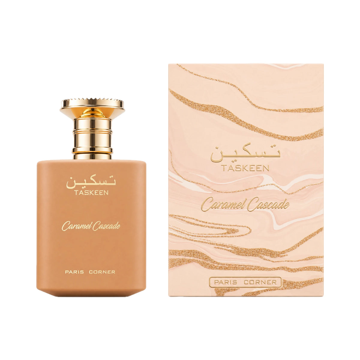 Frasco y caja del perfume Taskeen Caramel Cascade Paris Corner Eau de Parfum Para Mujer