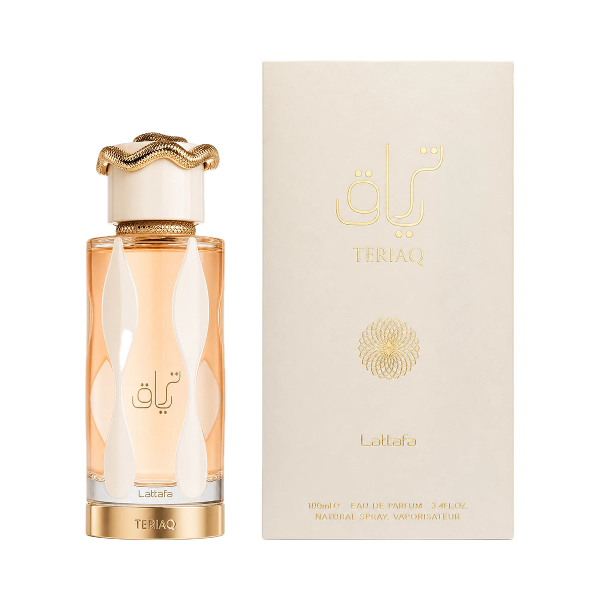 Frasco y caja del perfume Teriaq Lattafa Eau de Parfum Para Mujer