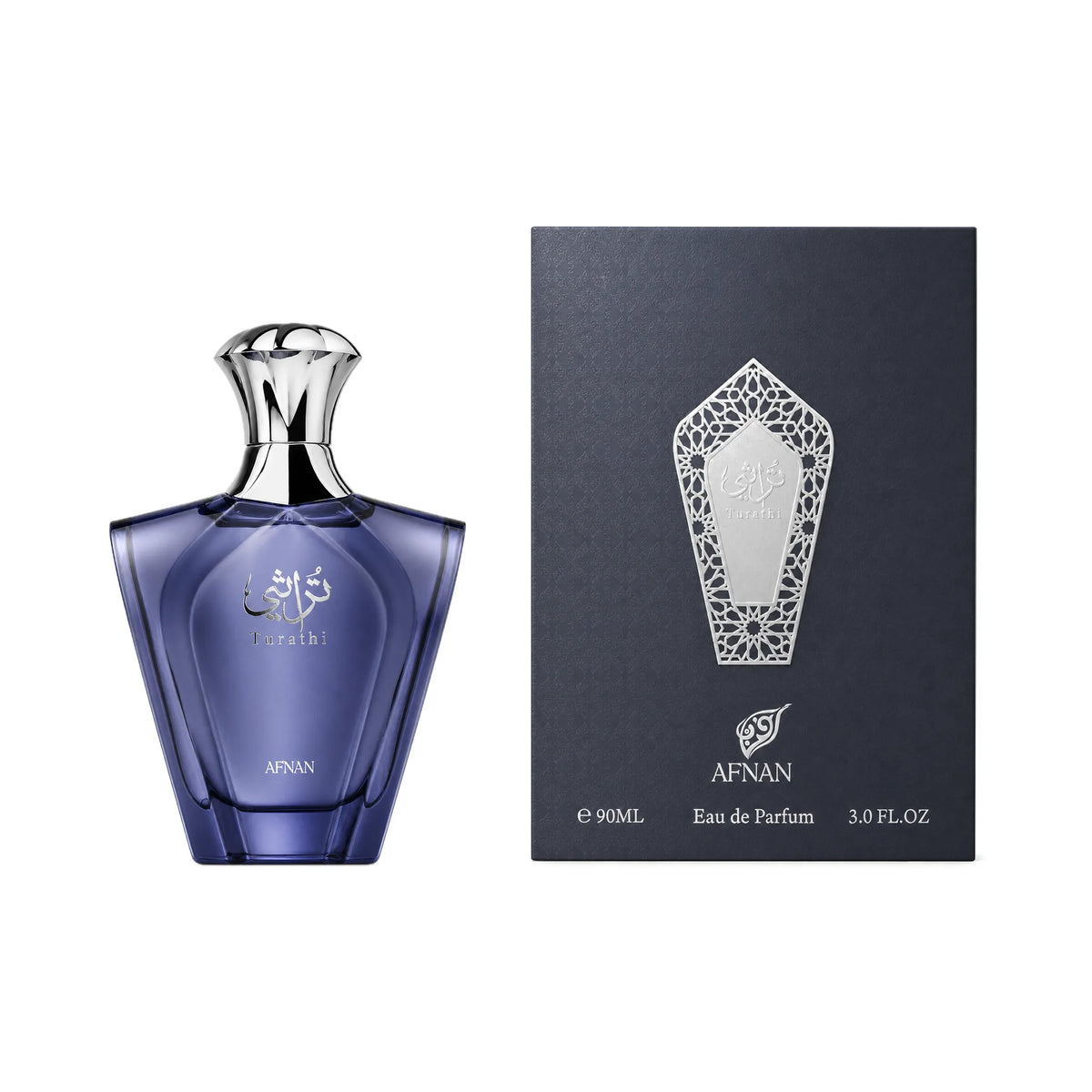 Frasco y caja del perfume Turathi Blue Afnan Eau de Parfum