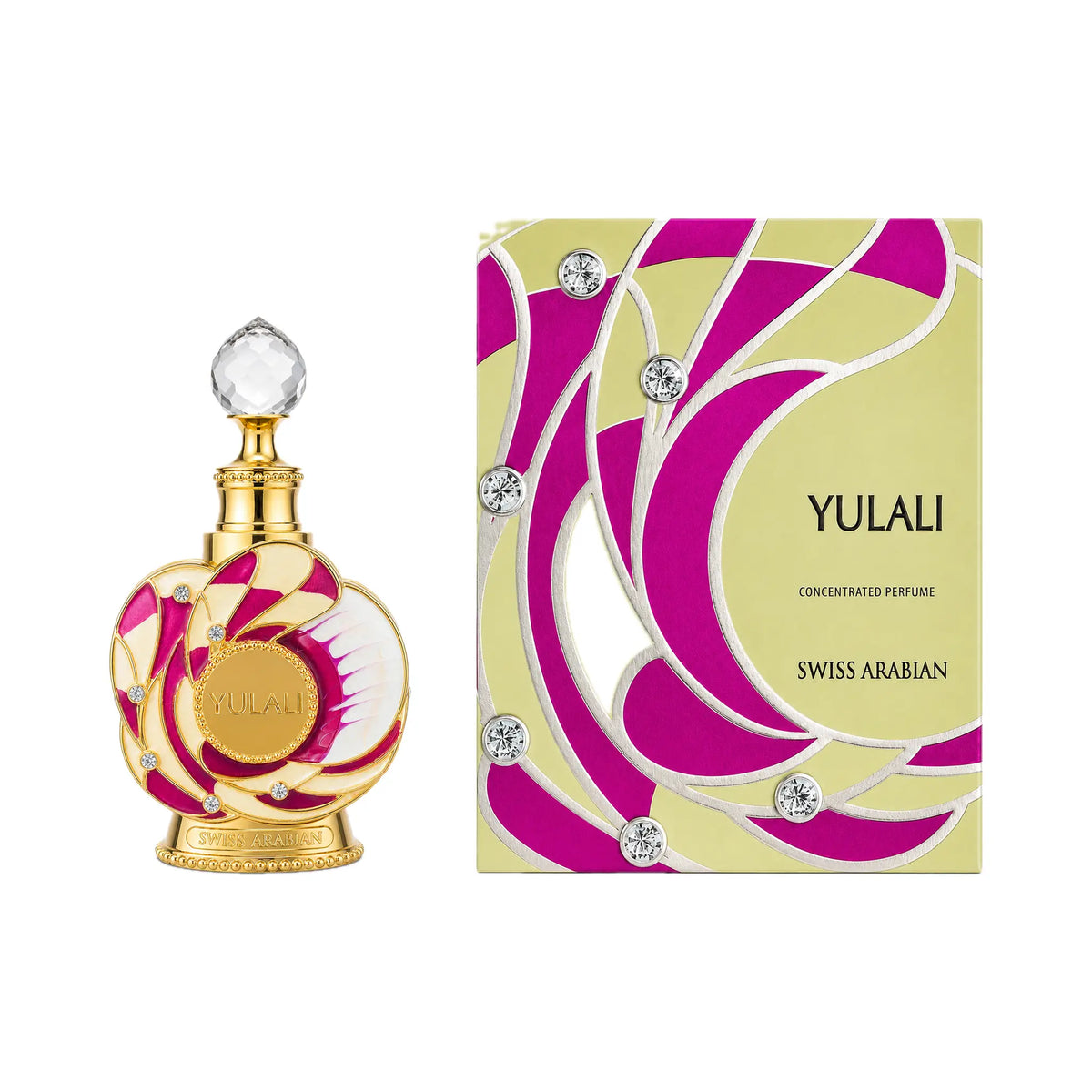 Frasco y caja del perfume Yulali Swiss Arabian Aceite Perfumado